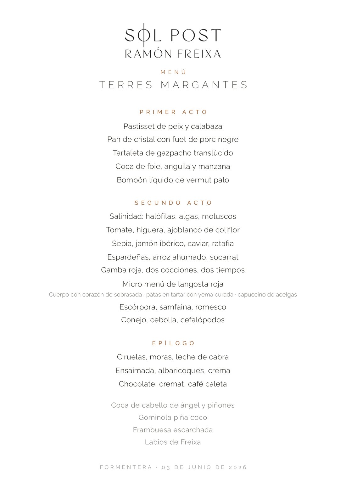 Hoja del menú degustación Terres Margantes de Sol Post